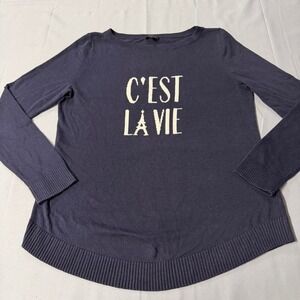 Talbots Navy Blue C'EST LA VIE Eiffel Tower Graphic Knit Sweater Womens Small